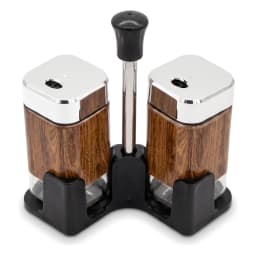 Two square glass salt and pepper shakers with wood-look wrap, chrome tops, and a black stand on a white background. - view 2