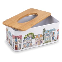 White rectangular metal tissue box with a light brown wooden lid, decorated with a colorful village street scene. - view 4