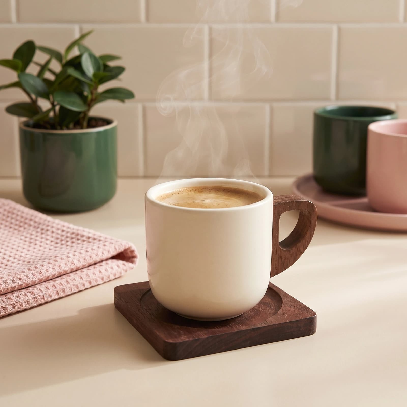Ceramic Mug with Wood Handle & Wood Coaster Set - Cream