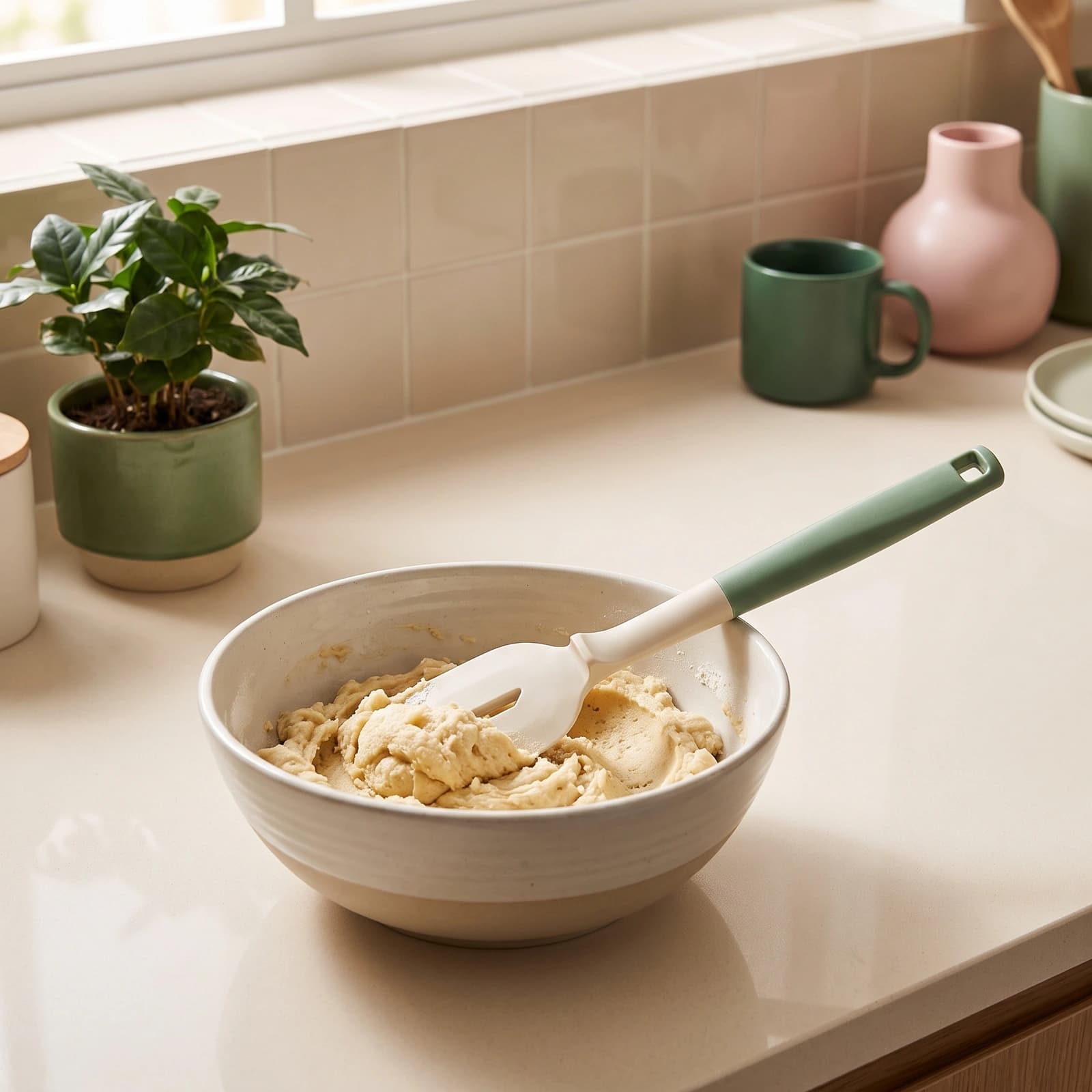 Green handle and light beige silicone slotted spatula with a hole for hanging, on a white shelf.