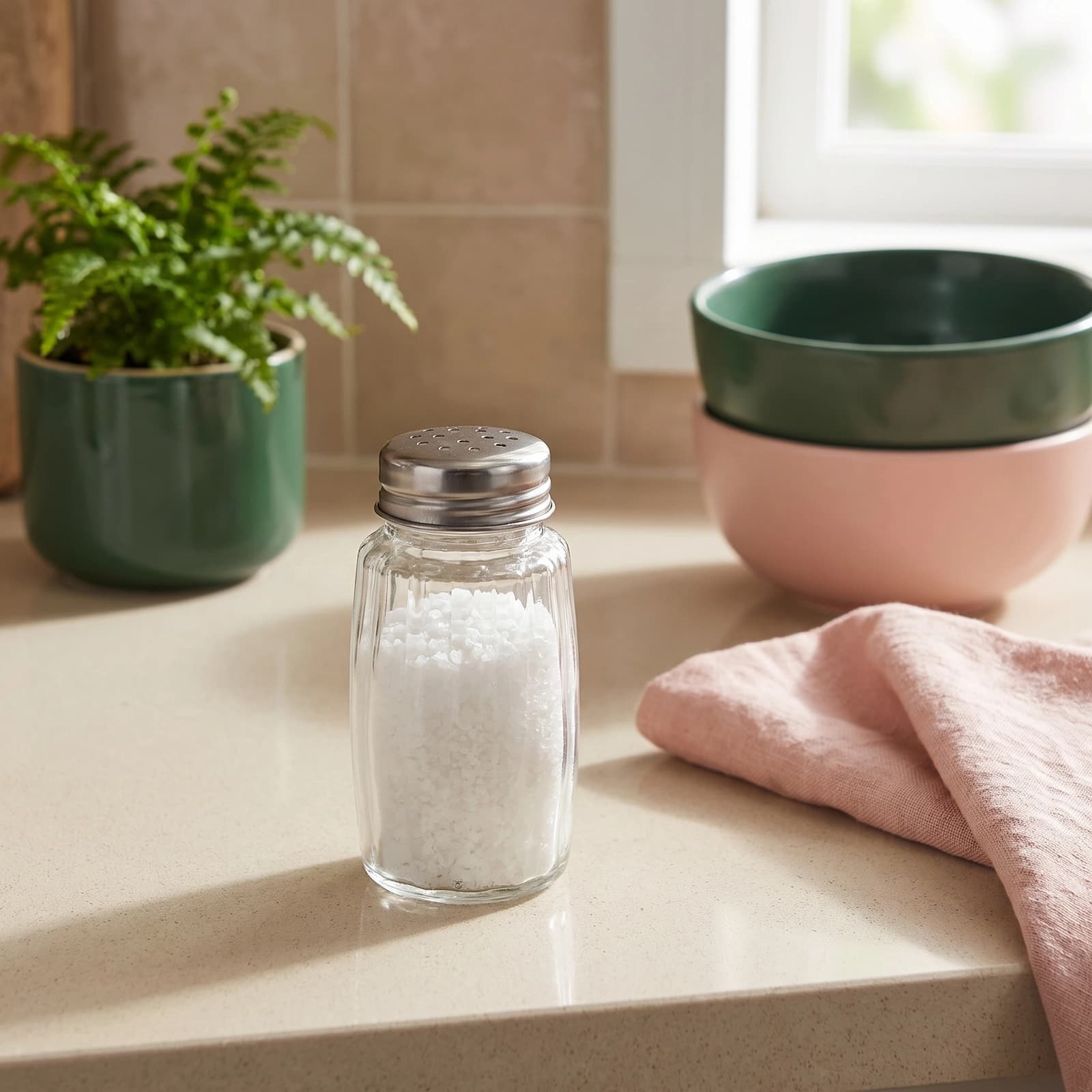 Single clear glass salt and pepper shaker with a silver metal perforated lid, cylindrical shape, on a white background.