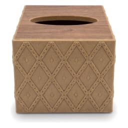 Brown wood top and tan leather-look tissue box cover with a raised diamond quilted pattern, isolated on a white background. - view 2