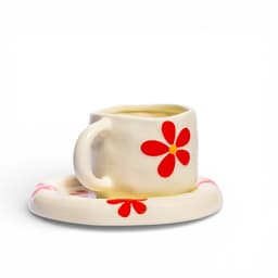 Ceramic Mug & Saucer Set - Cream with Red Flowers - view 1