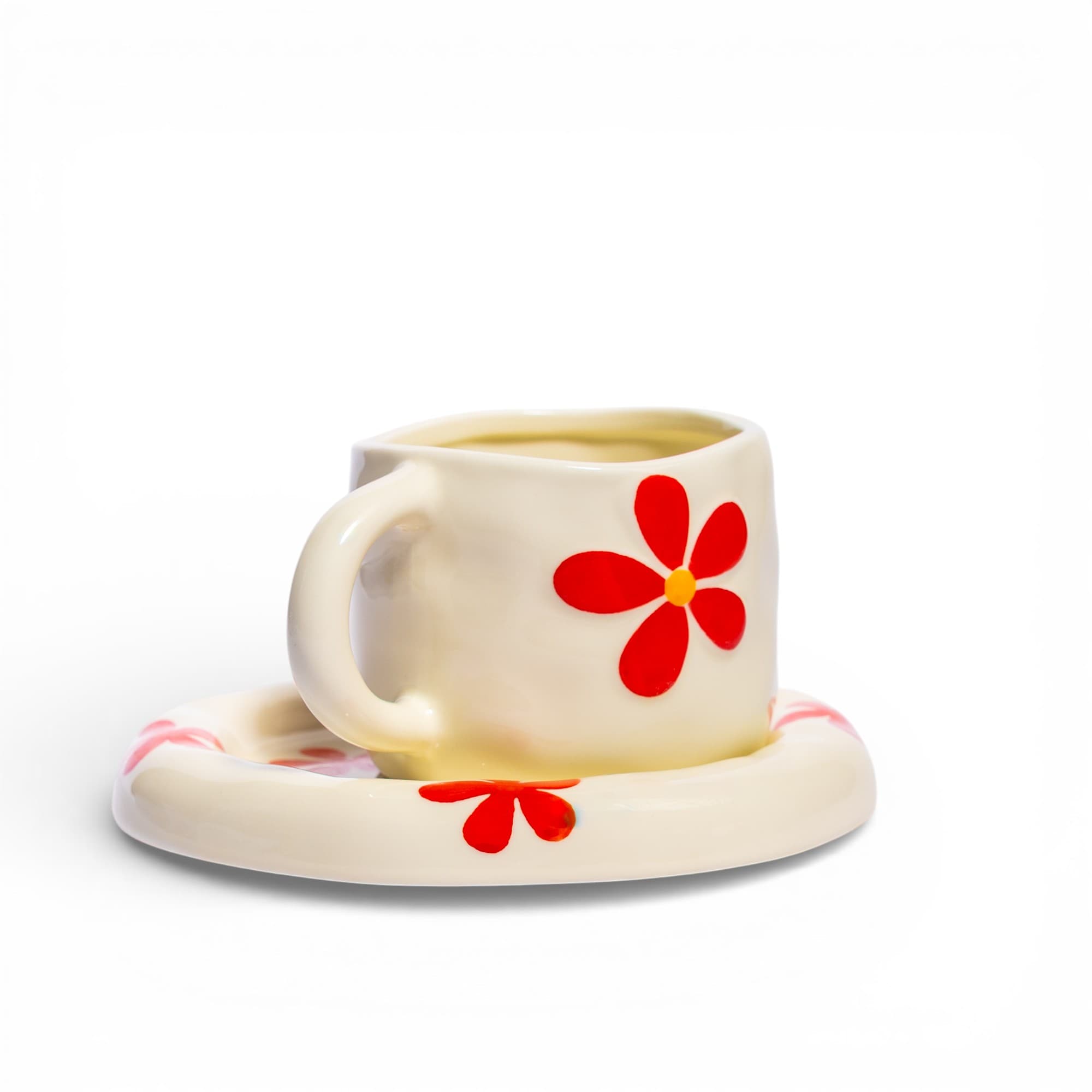 Ceramic Mug & Saucer Set - Cream with Red Flowers