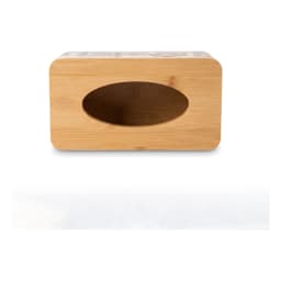 Rectangular cream metal tissue box with a colorful village illustration and a light brown wooden lid, on a white surface. - view 5