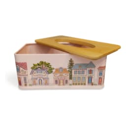 Rectangular light pink metal tissue box with a wooden lid and colorful village illustration. - view 4