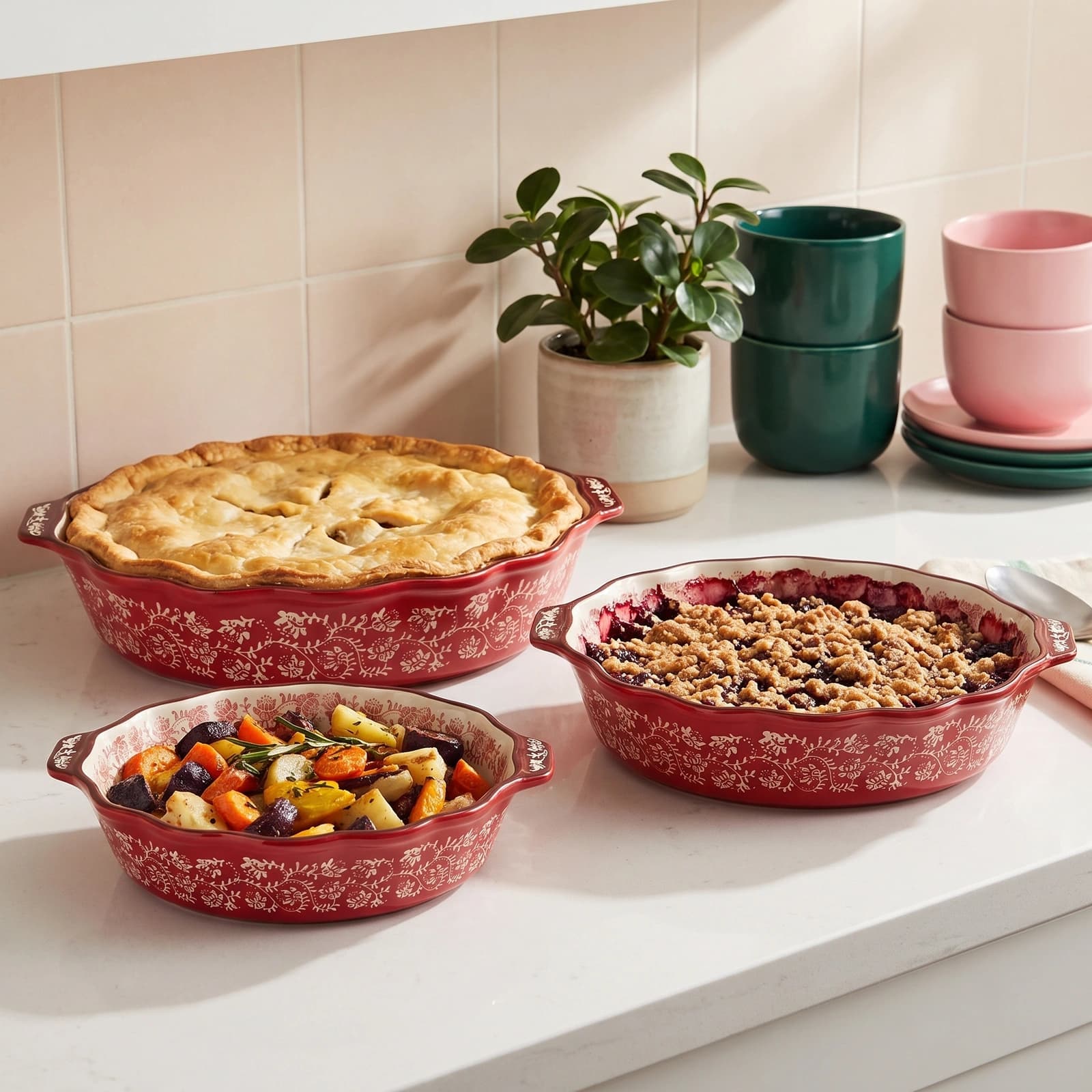 Set of three oval red porcelain baking dishes with cream interiors and red floral patterns, arranged on a white background.