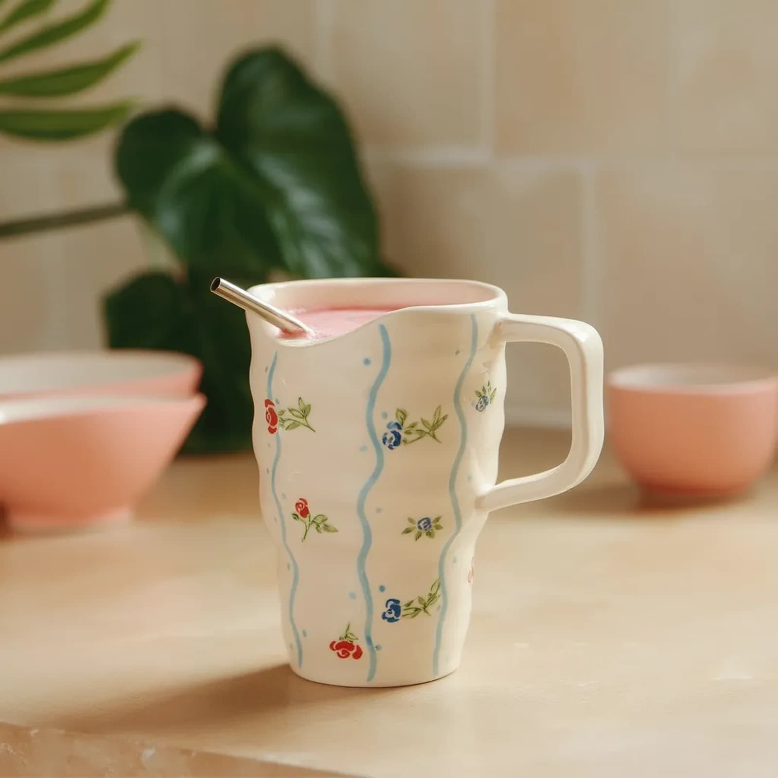 Porcelain Mug with Straw Slot - Cream Floral Design