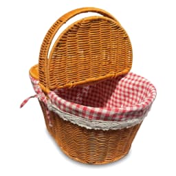 Orange-brown khous woven picnic basket with a red and white gingham fabric lining and white lace trim, shown with lid partia… - view 2
