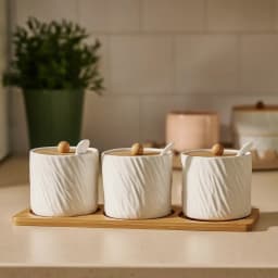 Porcelain Storage Jars Set with Bamboo Lids & Tray - 3 Pcs White - view 1