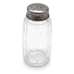 Single clear glass salt and pepper shaker with a silver metal perforated lid, cylindrical shape, on a white background. - view 2