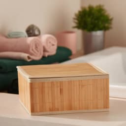 Two natural brown wood and khous rectangular storage boxes with lids, one partially open, filled with rolled textiles. - view 5