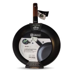 Black granite frying pan with a dark brown wooden handle, viewed from an angle on a white background. - view 3