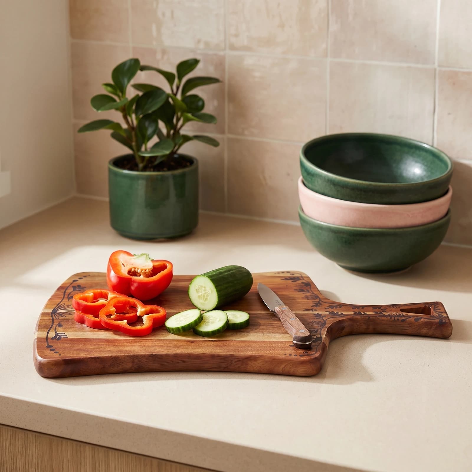 Acacia Wood Cutting Board with Handle - Floral Design