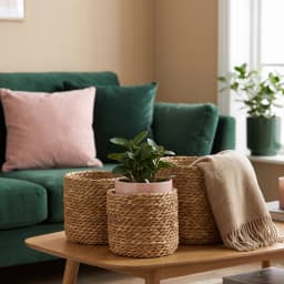 Set of three round natural light brown khous storage baskets of varying sizes on a white background. - view 6