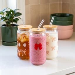 Glass Cup with Bamboo Lid & Straw - Bows Design - view 1