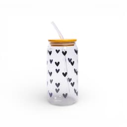 Glass Can Cup with Straw & Bamboo Lid - Black Hearts Design - view 1