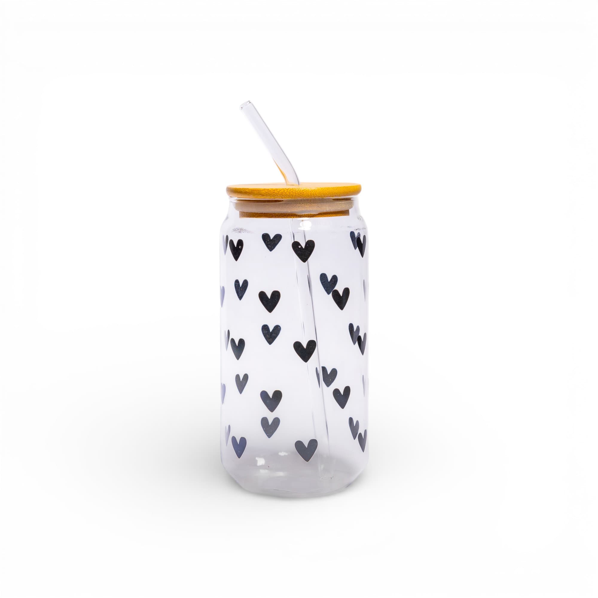 Glass Can Cup with Straw & Bamboo Lid - Black Hearts Design