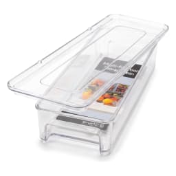 Single clear rectangular acrylic storage box with a transparent lid, empty, displayed on a white shelf. - view 4