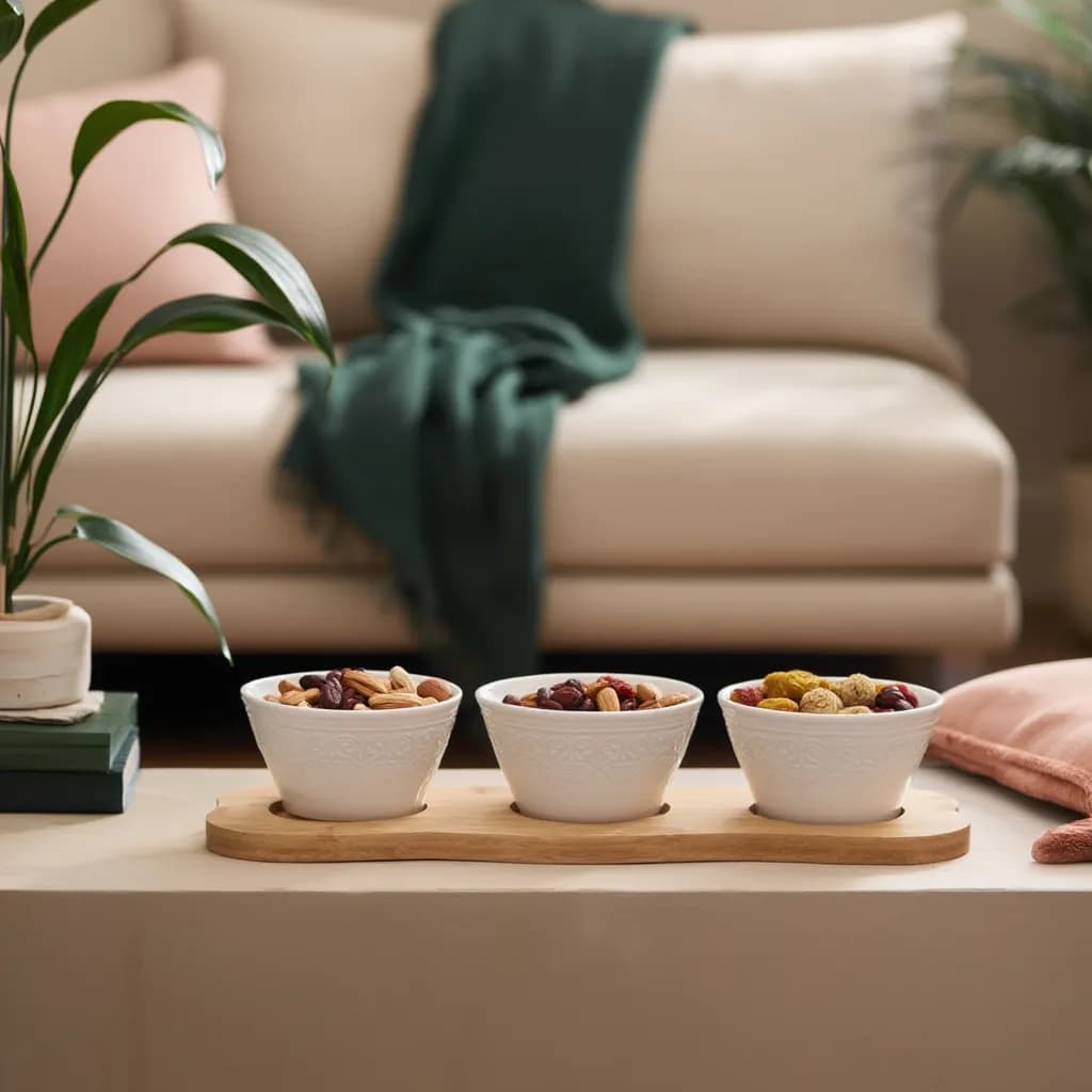 Three white porcelain serving bowls with embossed patterns on a light brown wooden tray, isolated on white.