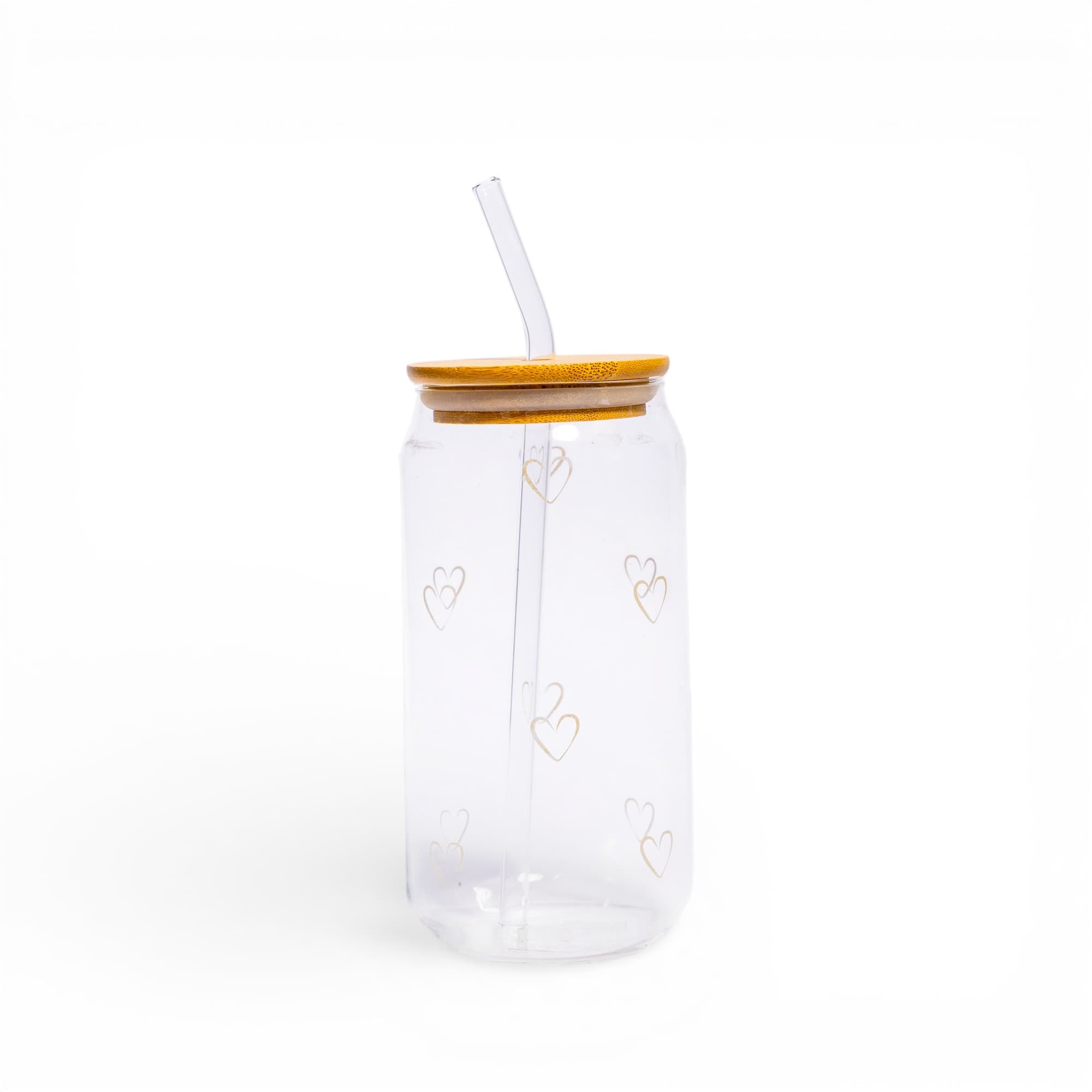 Glass Tumbler with Bamboo Lid & Straw - Gold Hearts