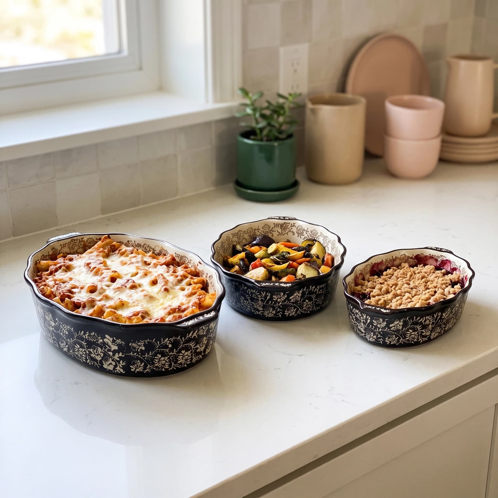 Three nested oval porcelain baking dishes with black floral patterns on a dark background and cream interior.