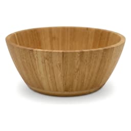 Light brown natural wood 7-piece nested bowl set on a white background, showing one large round bowl with six smaller bowls… - view 3