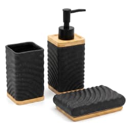 Three-piece black ceramic bathroom set with wavy texture and wooden bases, including a soap dispenser, holder, and soap dish. - view 2