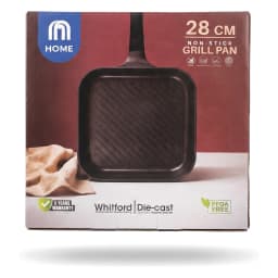 Dark grey square granite non-stick grill pan with a black handle, shown on its retail box. - view 2