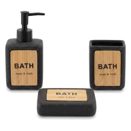 Three-piece black speckled ceramic bathroom set with light wood panels, including a soap dispenser, toothbrush holder, and s… - view 3