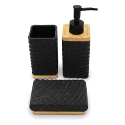 Three-piece black ceramic bathroom set with wavy texture and wooden bases, including a soap dispenser, holder, and soap dish. - view 3