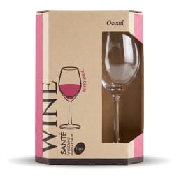Two clear stemmed glass wine glasses in a brown and purple cardboard box, one glass is outside the box. - view 3
