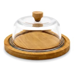 Round mini serving cloche with a clear glass dome and a light brown wooden base and knob on a white background. - view 3