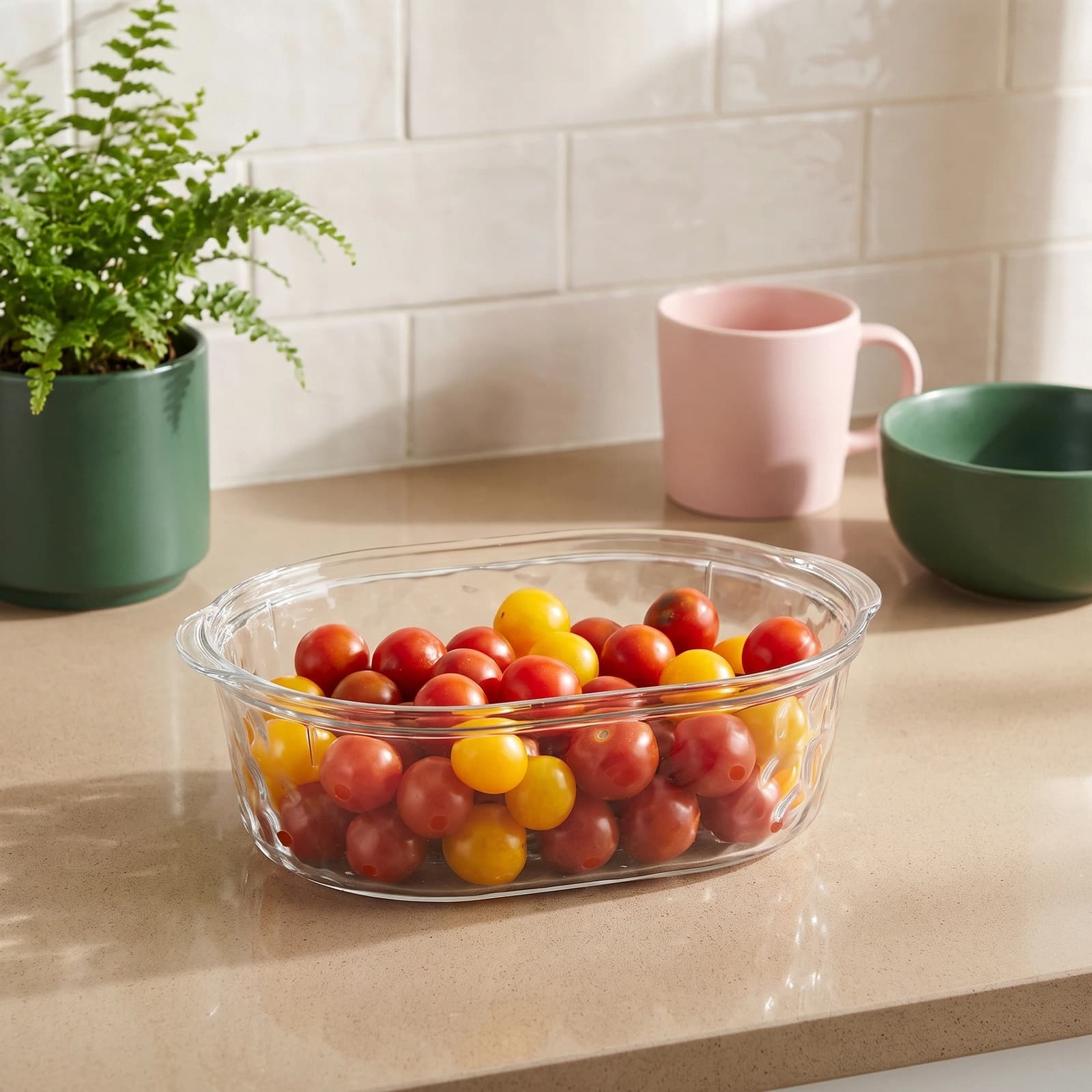 Single clear oval acrylic serving dish with a textured bottom, placed on a white shelf.