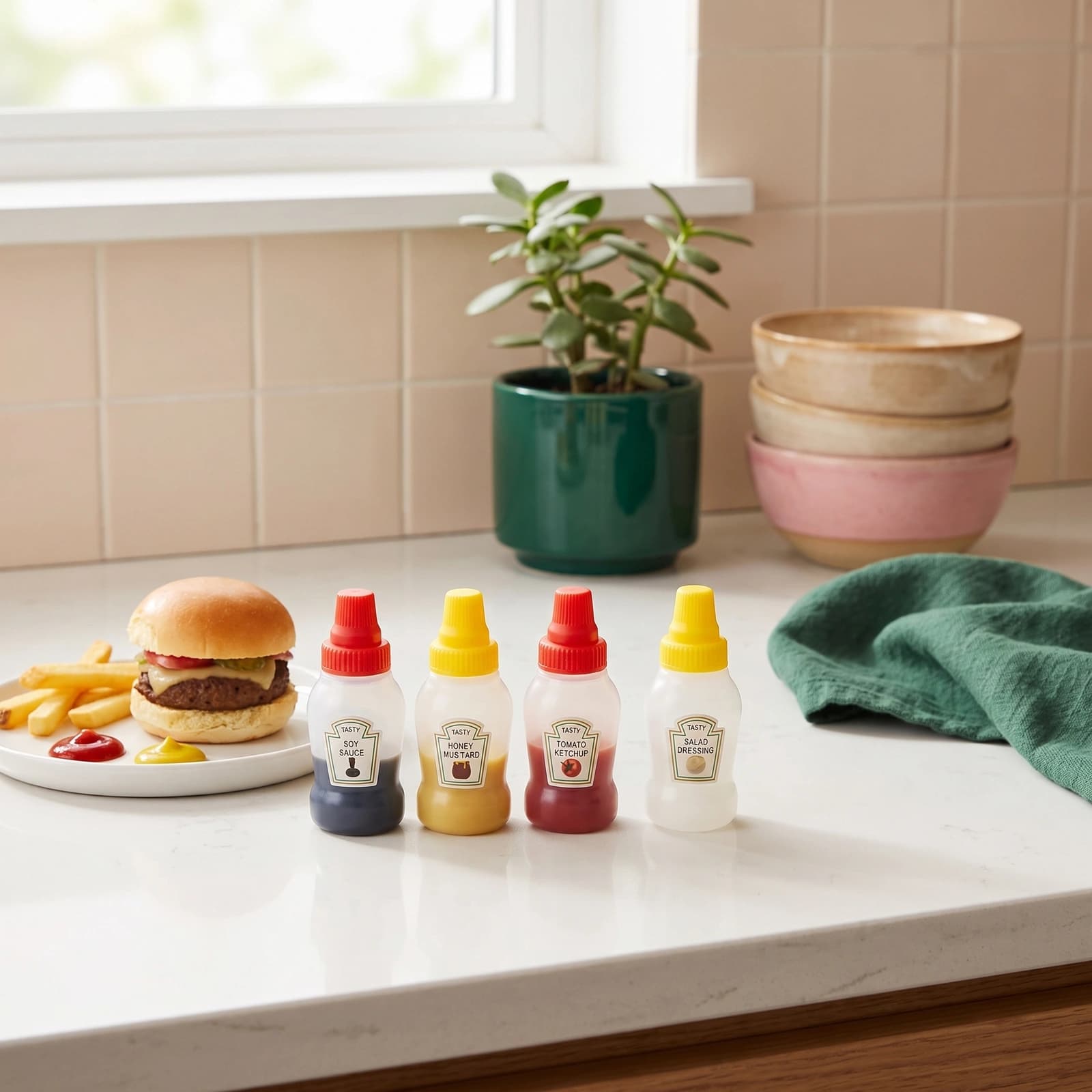 Mini Plastic Sauce Dispenser Set - 4 Pcs
