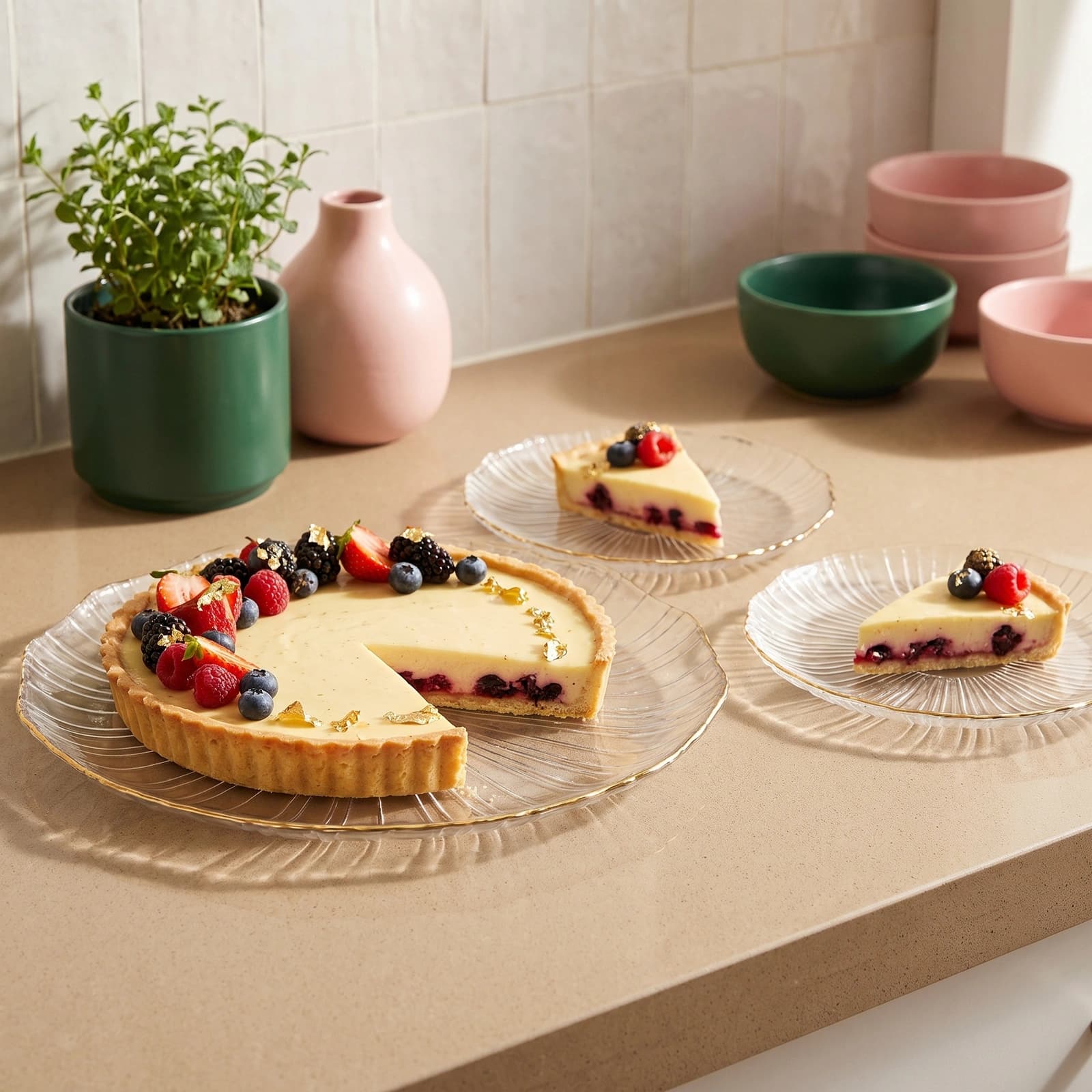 Three clear ribbed glass plates with gold rims, one large and two small, holding berry tarts on a kitchen counter.