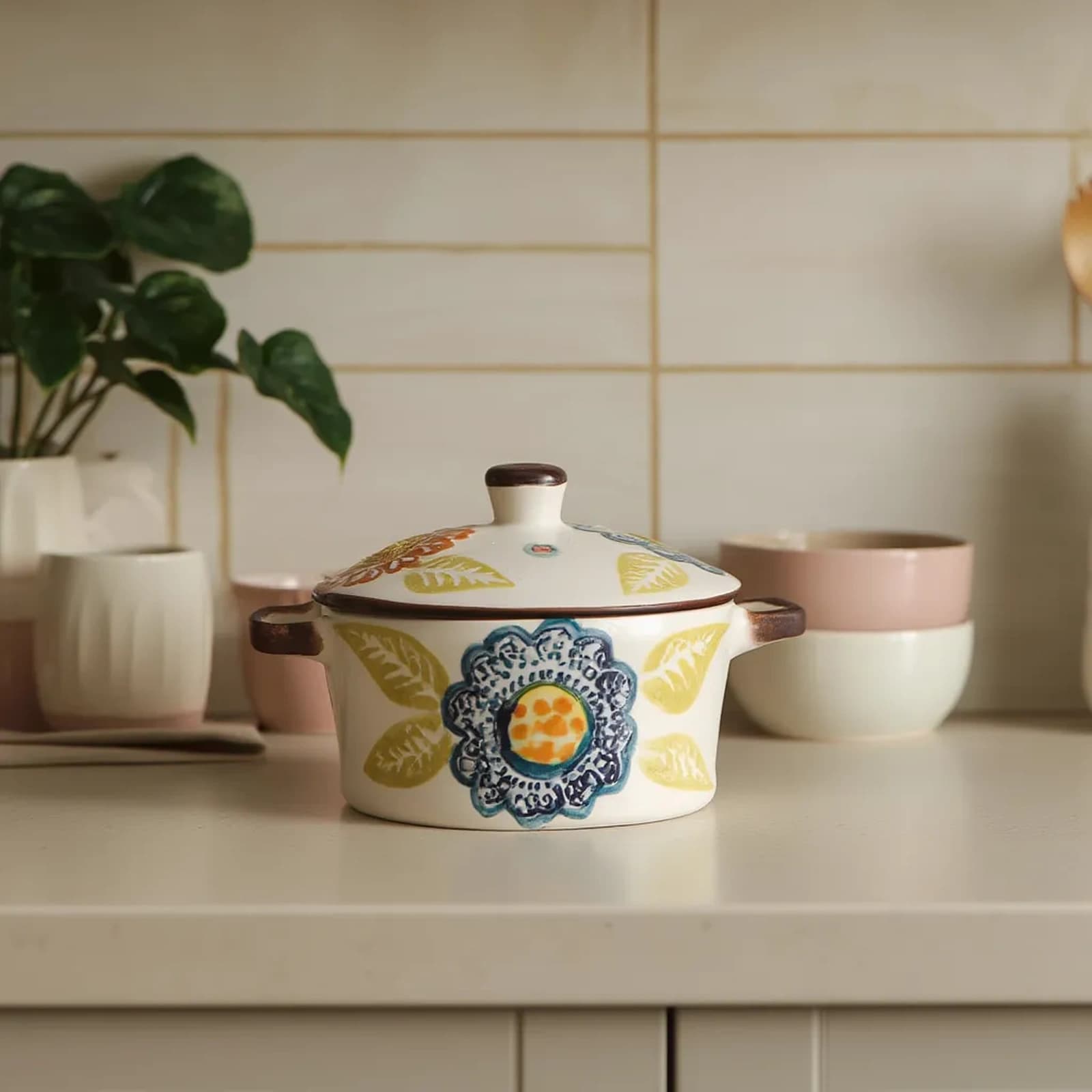 Porcelain Lidded Serving Pot - Multi-Color Floral Design