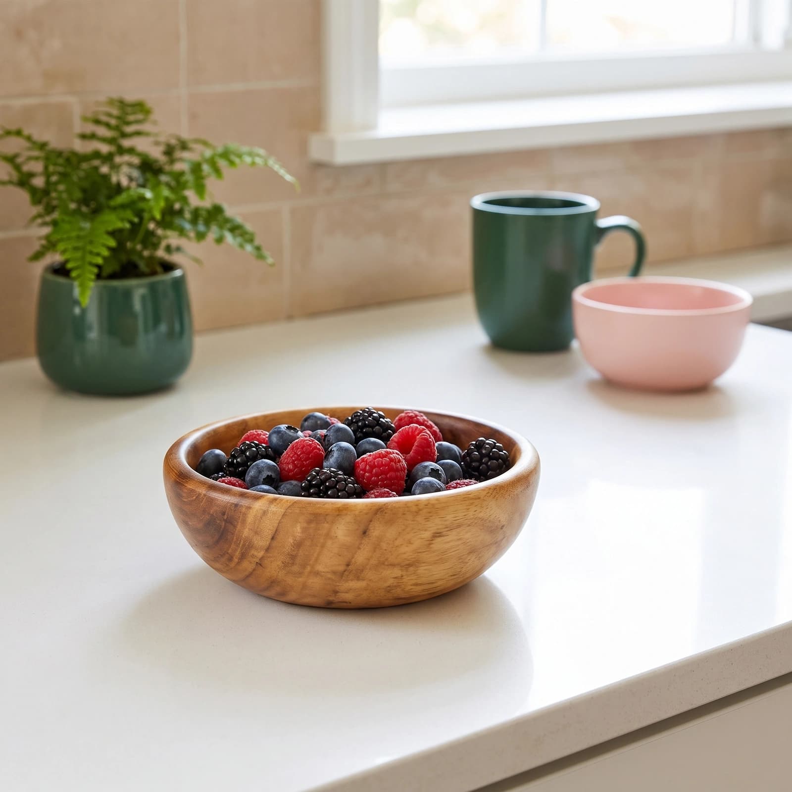 Round light brown wooden serving bowl filled with fresh mixed berries (raspberries, blueberries, blackberries) on a white ki…