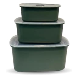 Three dark green rectangular plastic food storage containers with clear lids, stacked on a white background. - view 2