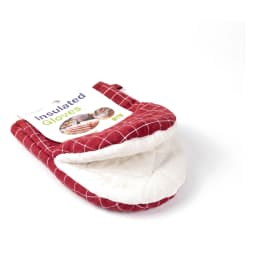 Single red and white quilted oven mitt with a grid pattern, folded, on a white background. - view 2