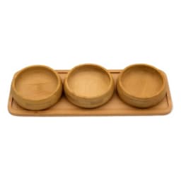 Three round light brown bamboo serving bowls on a rectangular bamboo tray against a white background - view 2