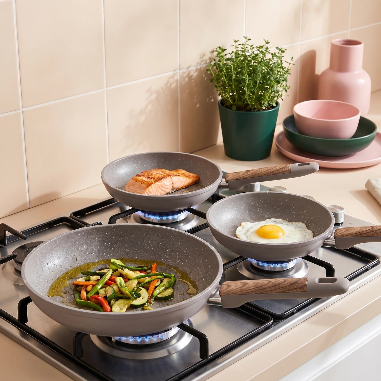 Stack of three grey granite frying pans with speckled interiors and brown patterned, grey ergonomic handles on a white backg…