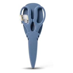 Blue kitchen scissors with silver metal blades and a blue protective sheath, resting on a white background. - view 2