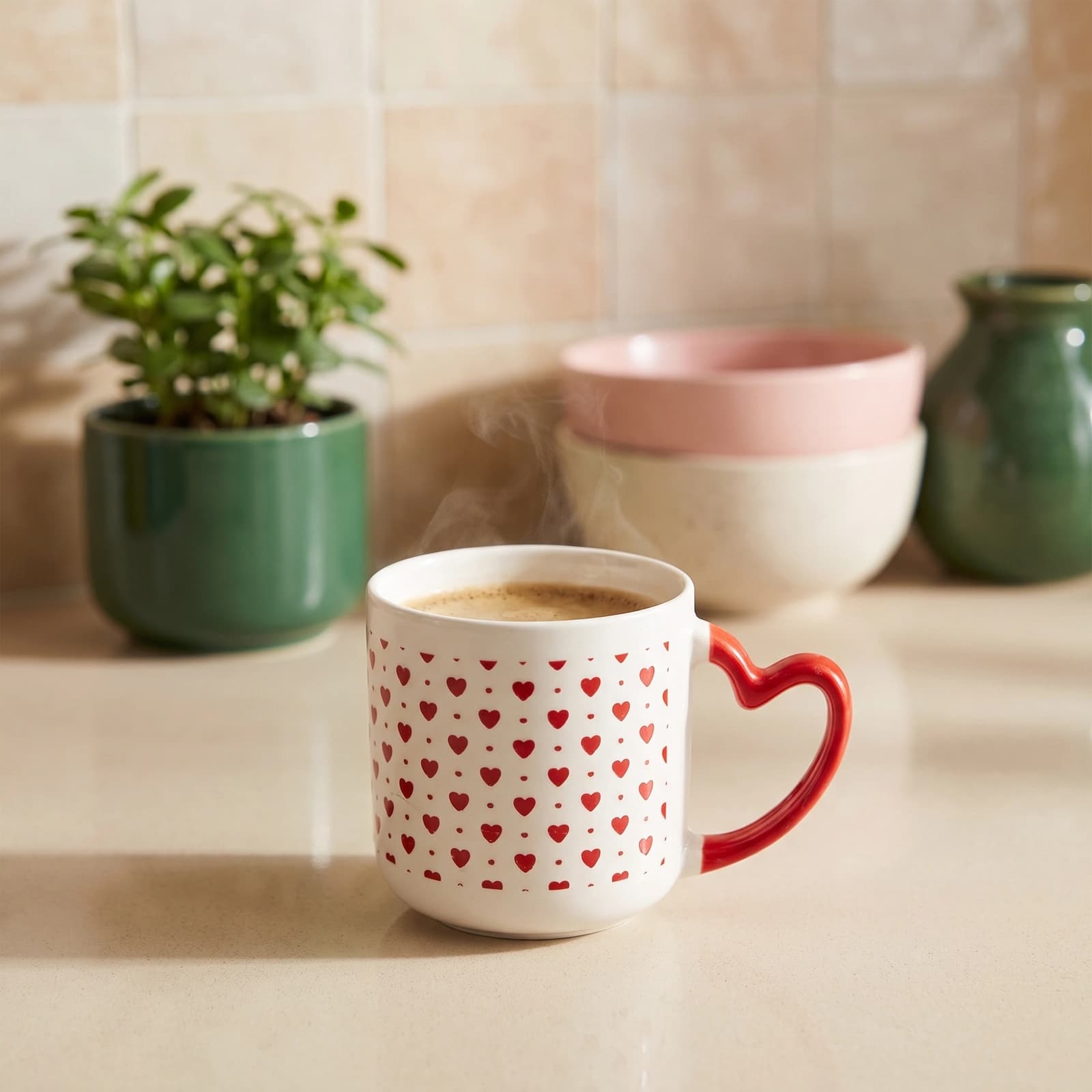Porcelain Mug - White with Red Hearts & Heart Handle