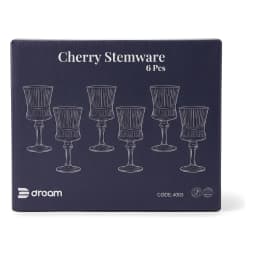 Dark blue box with white line drawings of six clear ribbed glass stemware glasses on a white background. - view 4
