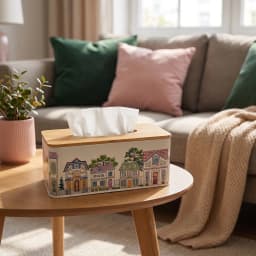 Rectangular cream metal tissue box with a colorful village illustration and a light brown wooden lid, on a white surface. - view 6