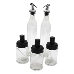 Five clear glass bottles and jars with black and silver tops on a white background. Two tall oil/vinegar bottles, three smal… - view 3
