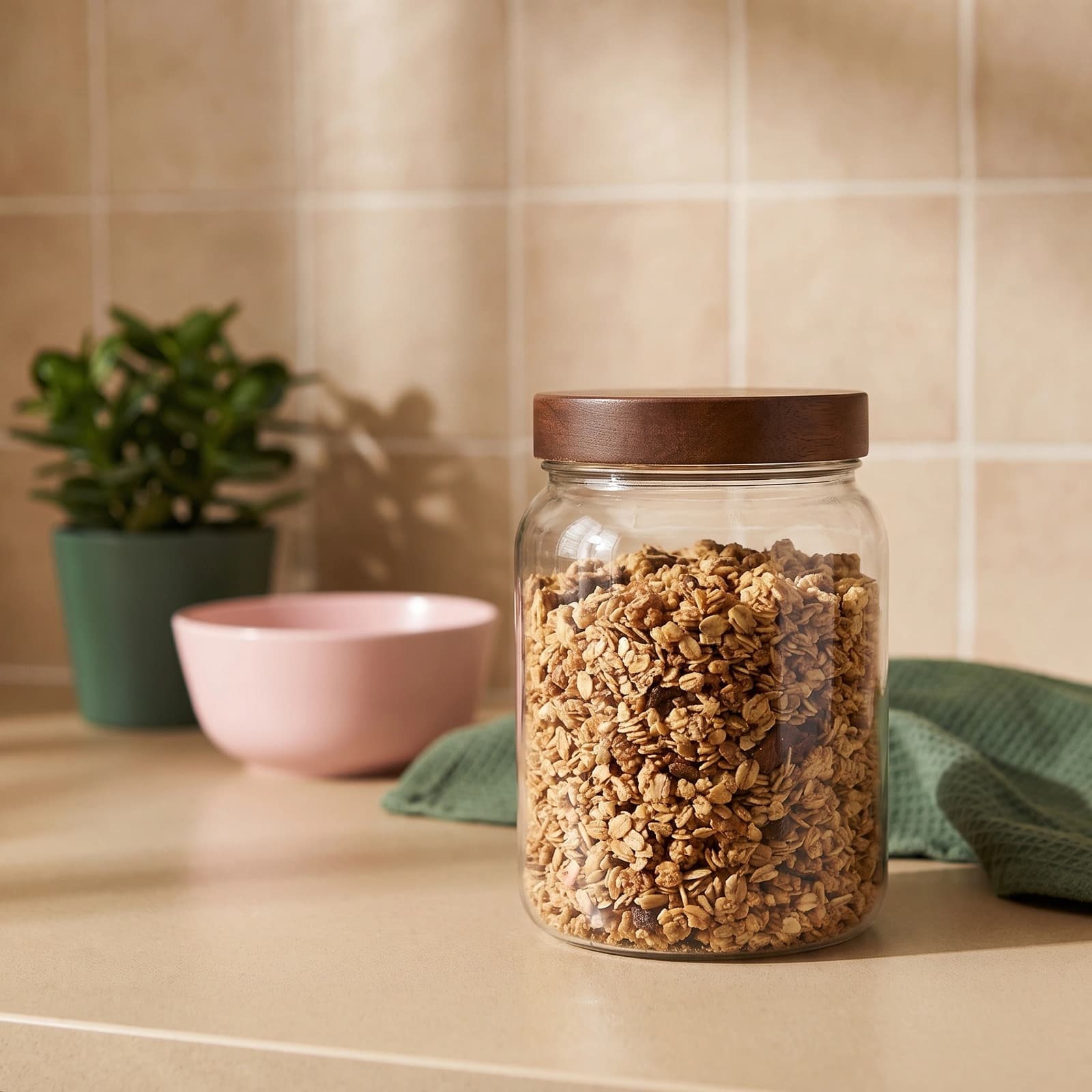Glass Storage Jar with Brown Lid - Clear