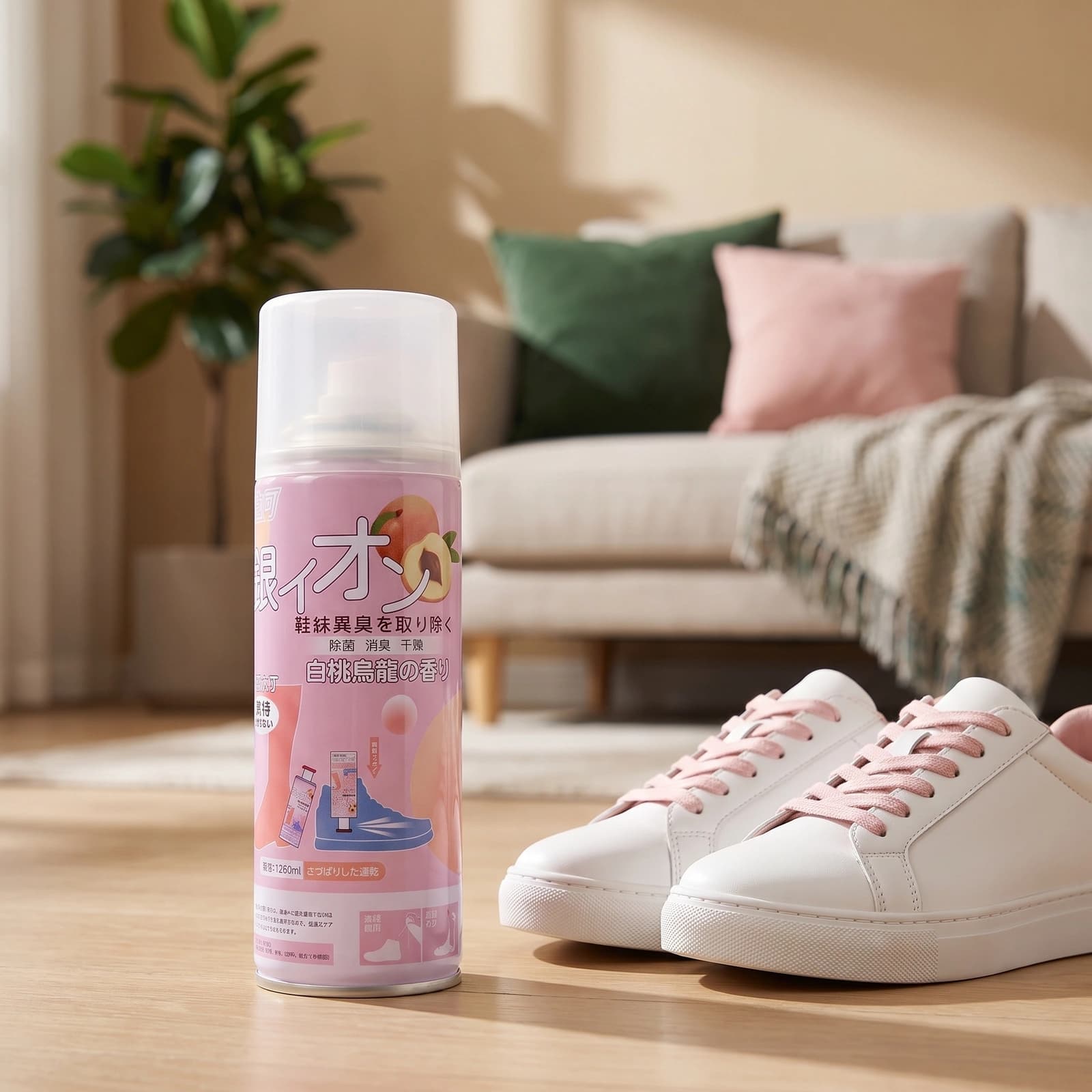 Pink aerosol spray can for shoes with a peach illustration and Japanese text, 260ml volume, on white styrofoam