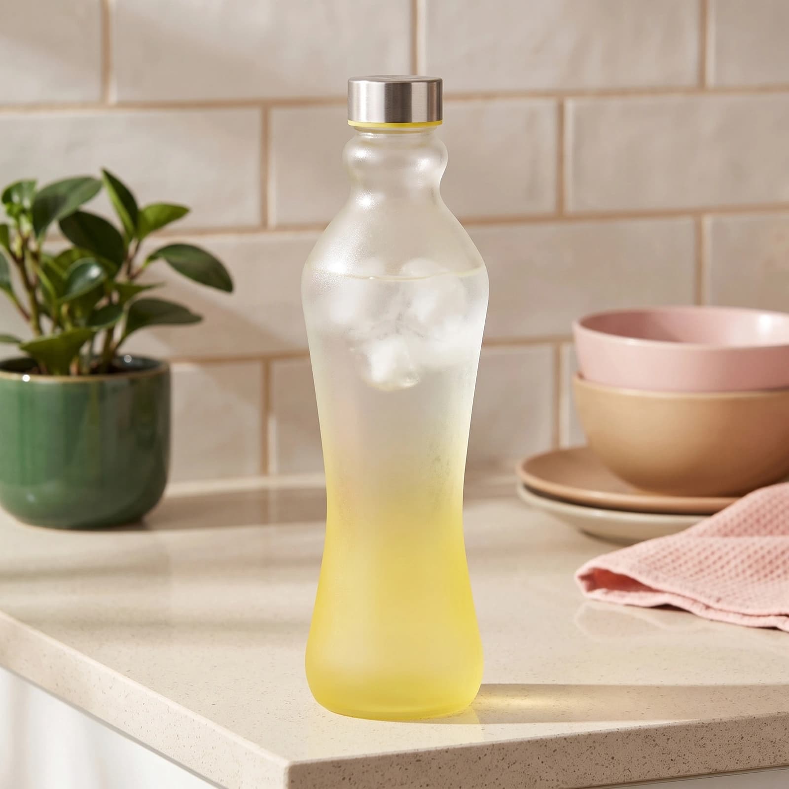 Single frosted glass water bottle with a yellow gradient bottom and a silver metallic screw cap, on a white surface.